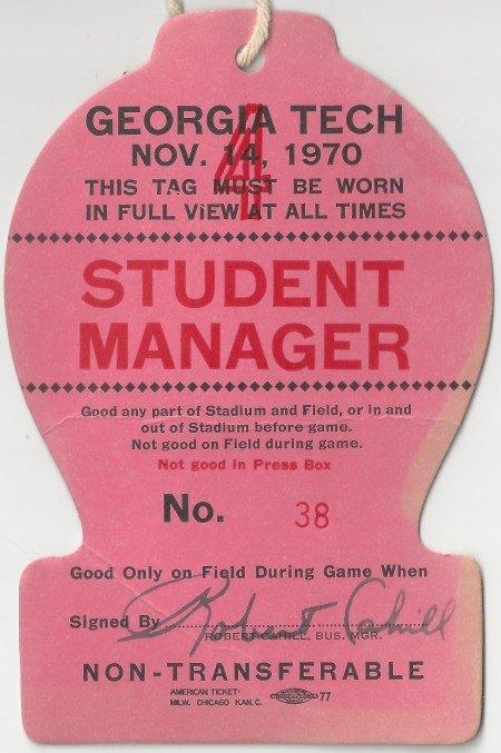 1970-11-14 - Georgia Tech at Notre Dame - Student Manager Pass